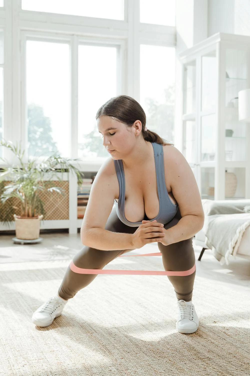 A woman exercising at home using a rubber strength band, focusing on building strength and fitness.