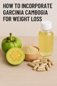 A close-up of garcinia cambogia fruit and supplement capsules arranged on a clean surface.