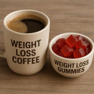 Weight loss coffee and gummies placed on an oak table