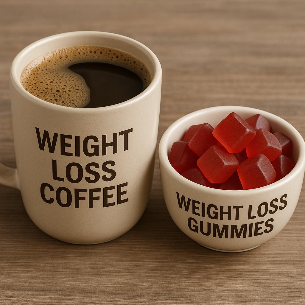 Weight loss coffee and gummies placed on an oak table